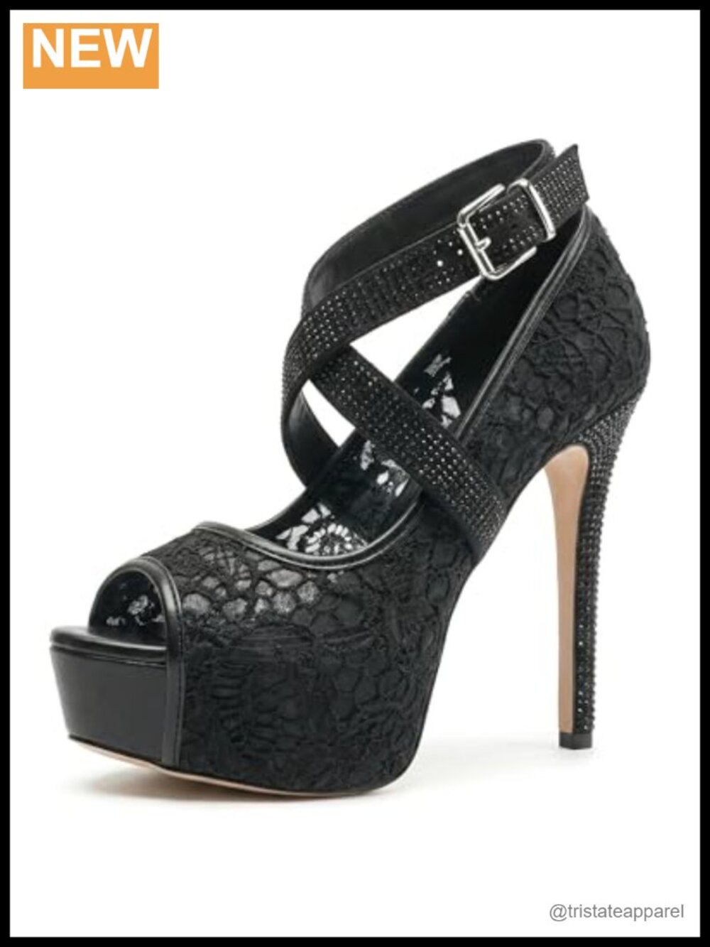 Lace Platform Peep Toe Stiletto Heels Rhinestone Ankle Strap Dress Pumps